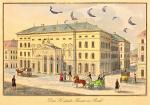 A pesti Német Színház épülete. Johann Vinzenz Reim rézkarca, 1840-es évek. Országos Széchényi Könyvtár Színháztörténeti Tár